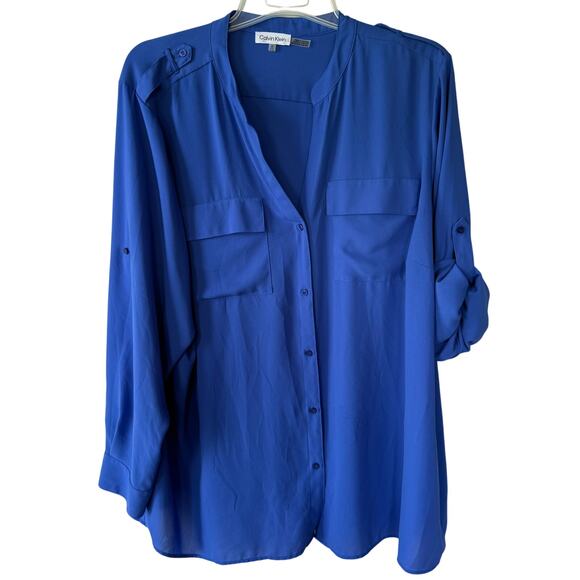 Calvin Klein Blue Roll Tab Sleeve size 2X Blouse front pockets - Picture 1 of 9